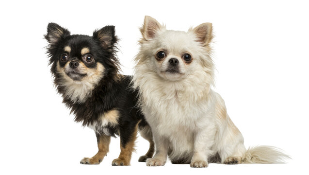 Two chihuahua dogs one black and tan the other cream, sitting together isolated on transparent background
