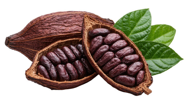Brown cocoa pod split open revealing dark purple beans, isolated on transparent background