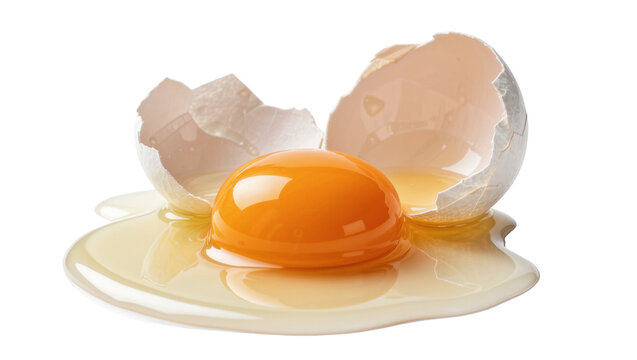 Broken chicken egg with bright orange yolk and scattered shell fragments, isolated on transparent background