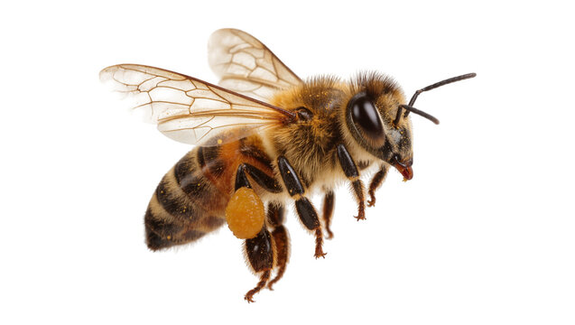 Honey bee with pollen sac on leg, isolated on transparent background