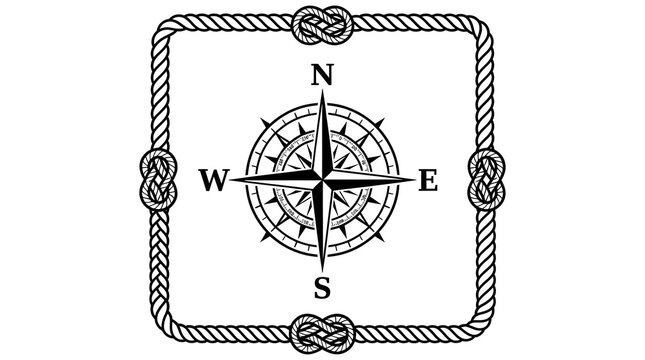 Compass rose icon centered within a square frame made of nautical rope with decorative knots at each corner