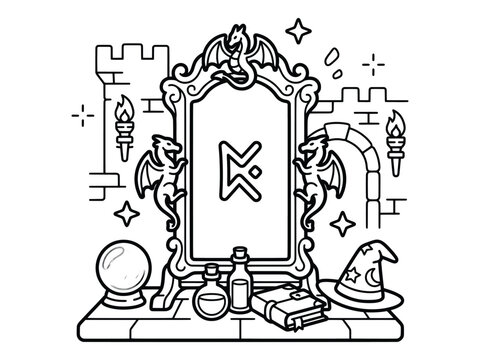 Illustration of Whimsical fantasy magic mirror surrounded by mystical objects in a dark, enchanted setting.