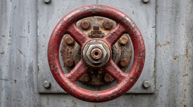 Close up of vintage rusty red industrial valve wheel on metal wall