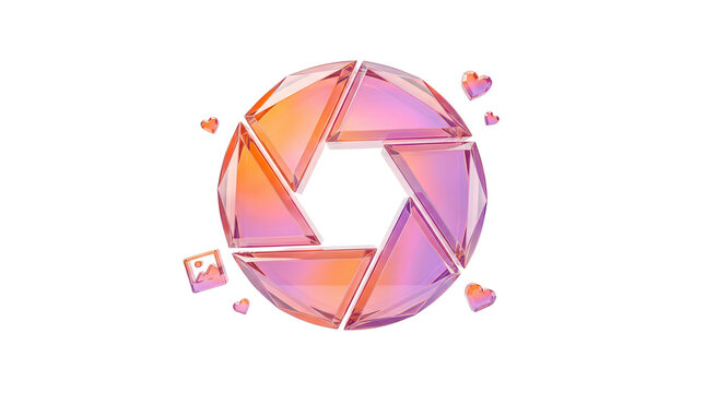 Crystalline camera shutter aperture icon, 3D glass lens diaphragm with pink and orange gradients, glossy photography symbol with floating hearts