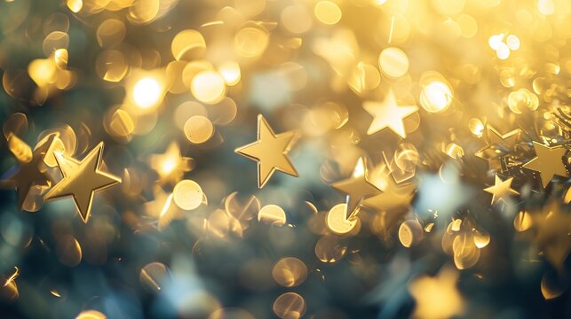 Abstract Christmas Background with Twinkling Golden Stars and Bright Defocused Bokeh Lights, Festive Holiday Greeting Card Texture with Falling Star Shapes and Elegant Glimmering Glow Effect