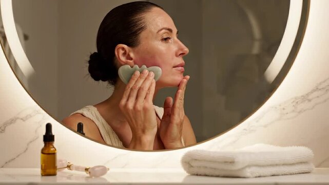 Jade gua sha stone glides upward along a woman's jawline and neck as she practices a slow facial skincare ritual before her mirror. Facial massage skincare concept