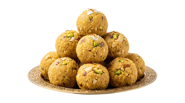 Traditional Indian Besan Laddu sweets, golden chickpea flour dessert balls with pistachios, festive Diwali mithai on decorative plate