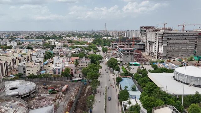 Market of India, Perambur, Chennai, showcasing a large-scale commercial construction project surrounded by high-rise residential towers, dense neighborhoods, roads, and urban infrastructure.