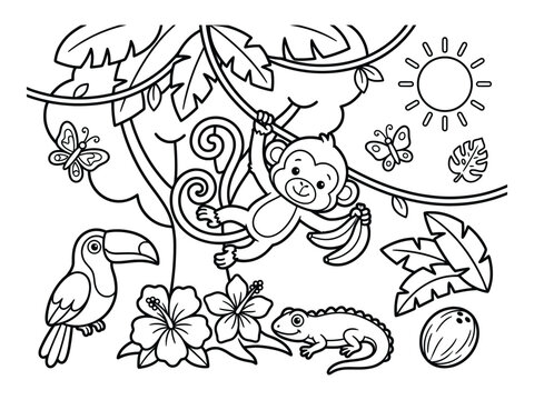 Whimsical tropical forest scene with animals and plants in black and white line art.