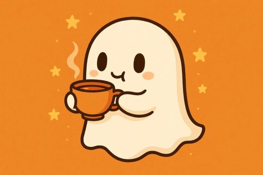 Cute ghost sipping coffee illustration.