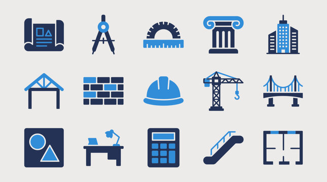 Blue and dark grey construction and architectural design icon set with construction architecture building blueprint protractor industry