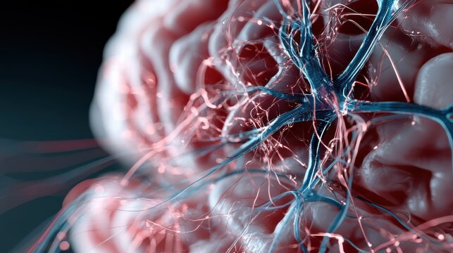 A detailed close-up of the human brain's vascular system, showcasing intricate networks of blood vessels in vibrant blue and red tones against a dark, abstract background.