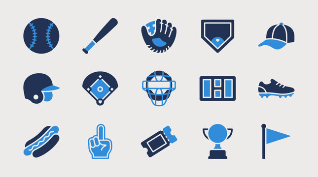 Collection of baseball sport related icons and equipment with baseball scoreboard professional competition training equipment activity