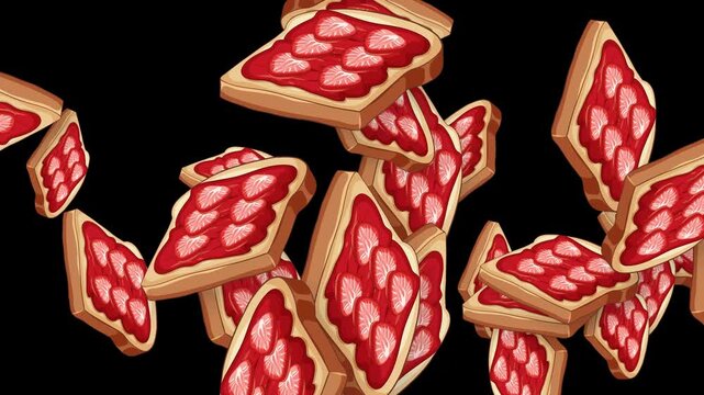 Animated Strawberry Jam Toast Slices Falling on Black Background