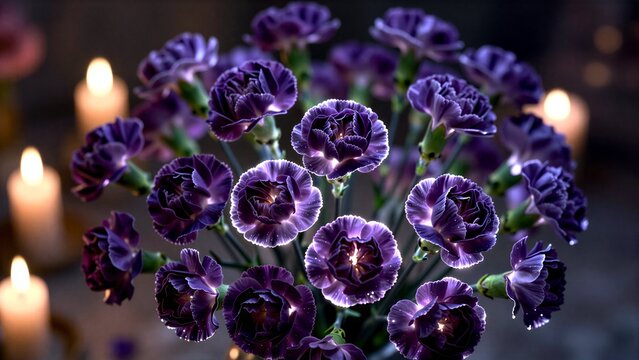 Purple carnations glow softly beside flickering candles in a serene, dimly lit setting.