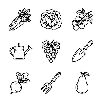 Organic farming and gardening outline icons set with fresh produce and agriculture tools graphi