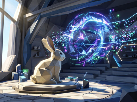 White polygonal rabbit in a modern geometric room with a glowing futuristic sphere and particles.