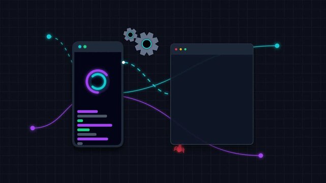 Mobile app developer analyzing code on smartphone with data visualization and gear icon integration