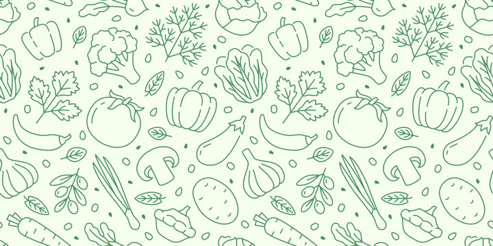 Vegetable seamless pattern with line icons of pepper, broccoli, tomato, eggplant, mushroom, garlic linear doodle vector illustration. Cute green healthy food on white background for kitchen paper