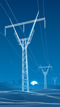 High voltage power transmission towers with overhead electricity lines crossing a futuristic landscape toward a distant city. Energy infrastructure, power grid and electric distribution concept