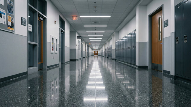 empty high school hallway with lockers | modern office building corridor interior | polished hospital hallway with reflections | symmetrical institutional interior design