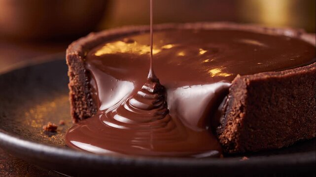 Thick molten dark chocolate flows over a rich chocolate tart and spreads across the plate. Extreme close-up highlights the glossy texture of an indulgent dessert.