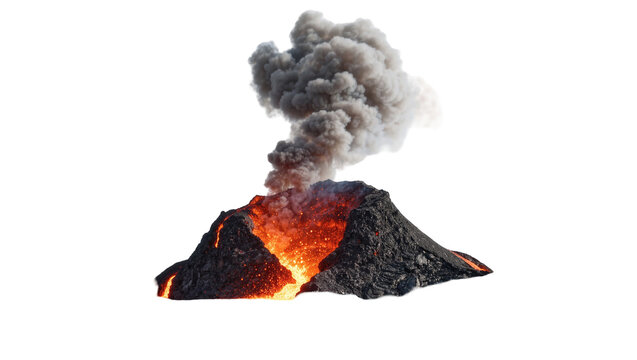 Active volcano erupting molten lava and dark smoke, isolated on transparent background