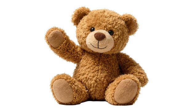 Fluffy brown teddy bear waving hello, isolated on transparent background