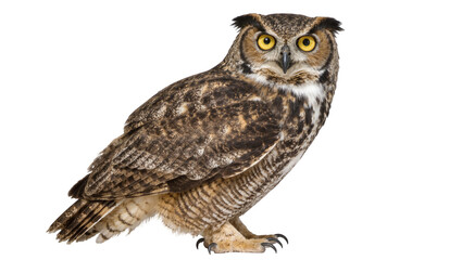 Obraz premium Great Horned Owl with piercing yellow eyes detailed feathers, isolated on transparent background