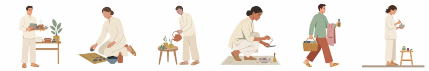 Fototapeta premium Minimalist flat illustrations of diverse people practicing mindfulness, self-care routines, and creative hobbies at home on a white background.