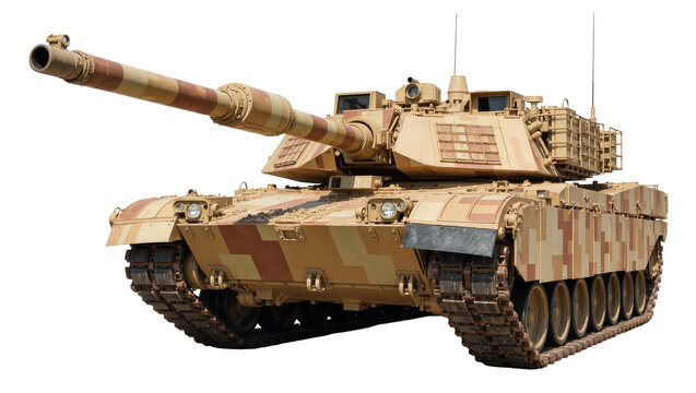 Modern desert camouflage battle tank with large cannon, isolated on transparent background