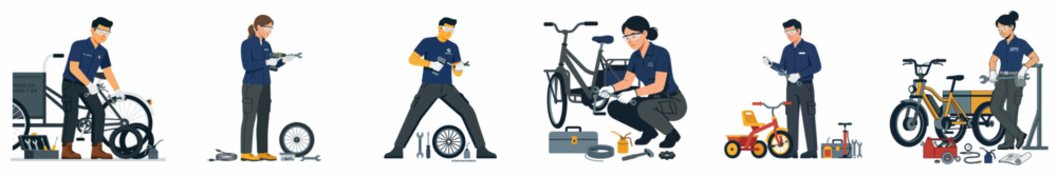 Collection of bicycle repair mechanics working on different types of bikes, including e-bikes and cargo bikes, using tools like wrenches and pumps.