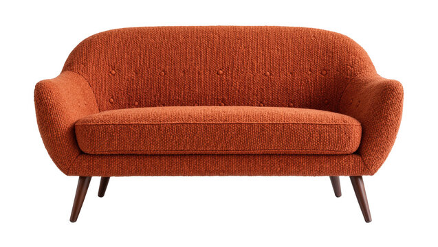 Orange textured two-seater sofa with button tufting and tapered legs, isolated on transparent background