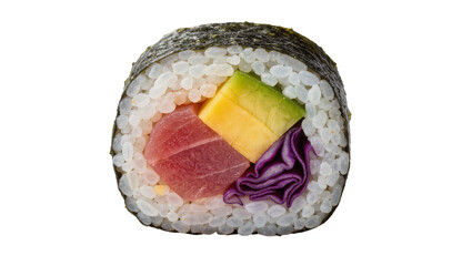 Fresh sushi roll with tuna avocado and purple cabbage, isolated on transparent background © Benjamin