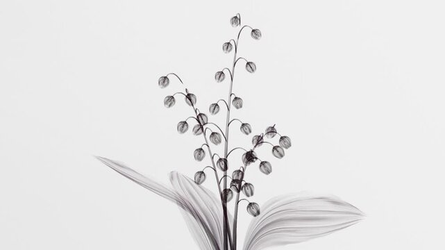 Transparent x-ray lily of the valley blooming on light background, elegant monochrome digital nature 3D animation with graceful lines for beauty, perfume and presentations