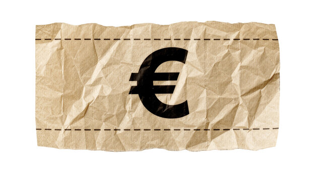 Black euro symbol on crumpled brown paper with dashed perforation lines, isolated on transparent background