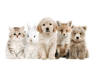 Fototapeta premium Adorable group of baby animals including kitten, rabbit, puppy, fox and bear cub