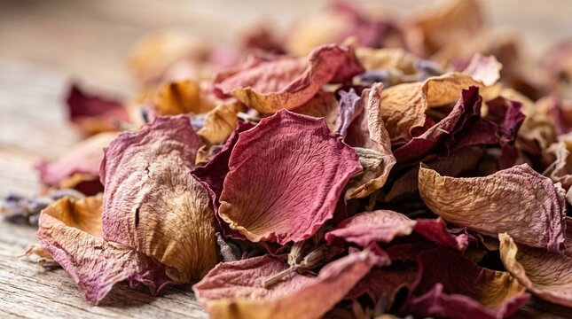 Macro close up of dried pink and red rose petals with potpourri texture on wooden surface