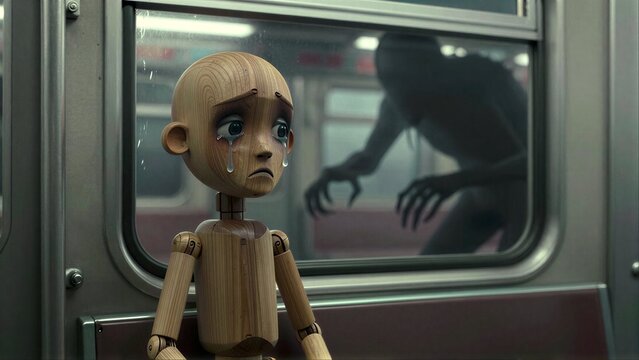 Wooden doll cries on train, shadowy figure lurks outside window.