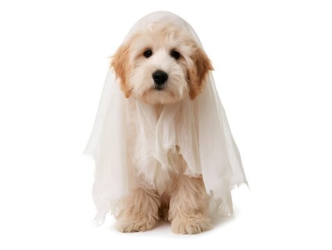 Cute puppy dog wearing a white ghost costume for Halloween on a white background