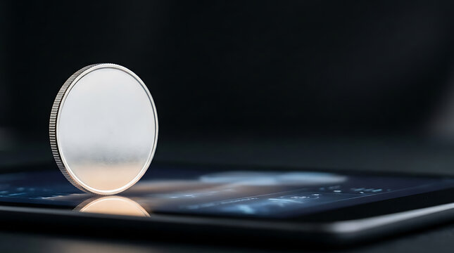 Exploring the Future of Digital Finance A Silver Coin Reflects Investment Trends on a Tablet Screen for an Explainer Video Background