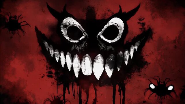 A triptych featuring a monstrous, grinning face with sharp teeth on a red, textured background.