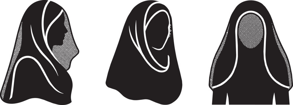 Muslim woman hijab vector silhouette set, traditional Islamic headscarf black icons, modest female veil profile and front view illustrations