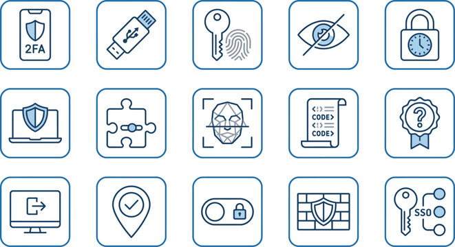 Cybersecurity and identity access management line icon set inside squares featuring two factor authentication biometric facial recognition key security token firewall protection and single sign on vec