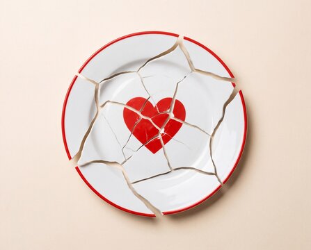 A broken white plate reveals a red heart in the center, symbolic love concept, emotional repair, relationship pain, and healing idea.