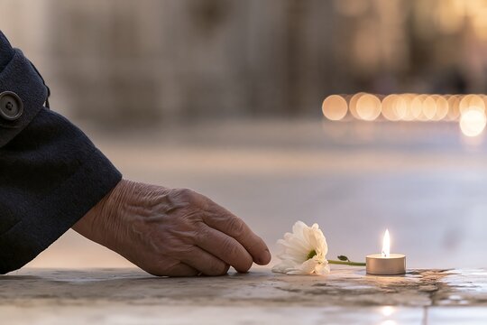 Elderly hand reaching toward a white flower and burning memorial candle, symbolic All Saints' Day act of remembrance, prayer and honoring deceased loved ones