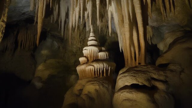 A tiered stalagmite formation within a cave adorned with hanging stalactites.