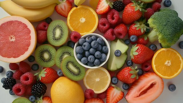A vibrant and colorful assortment of fresh fruits and vegetables is artfully arranged on a white surface.
