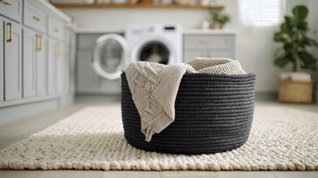 Cozy laundry room with wicker basket and textured blankets