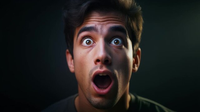 A triptych showcases a young man's shocked expression with wide eyes and open mouth.
